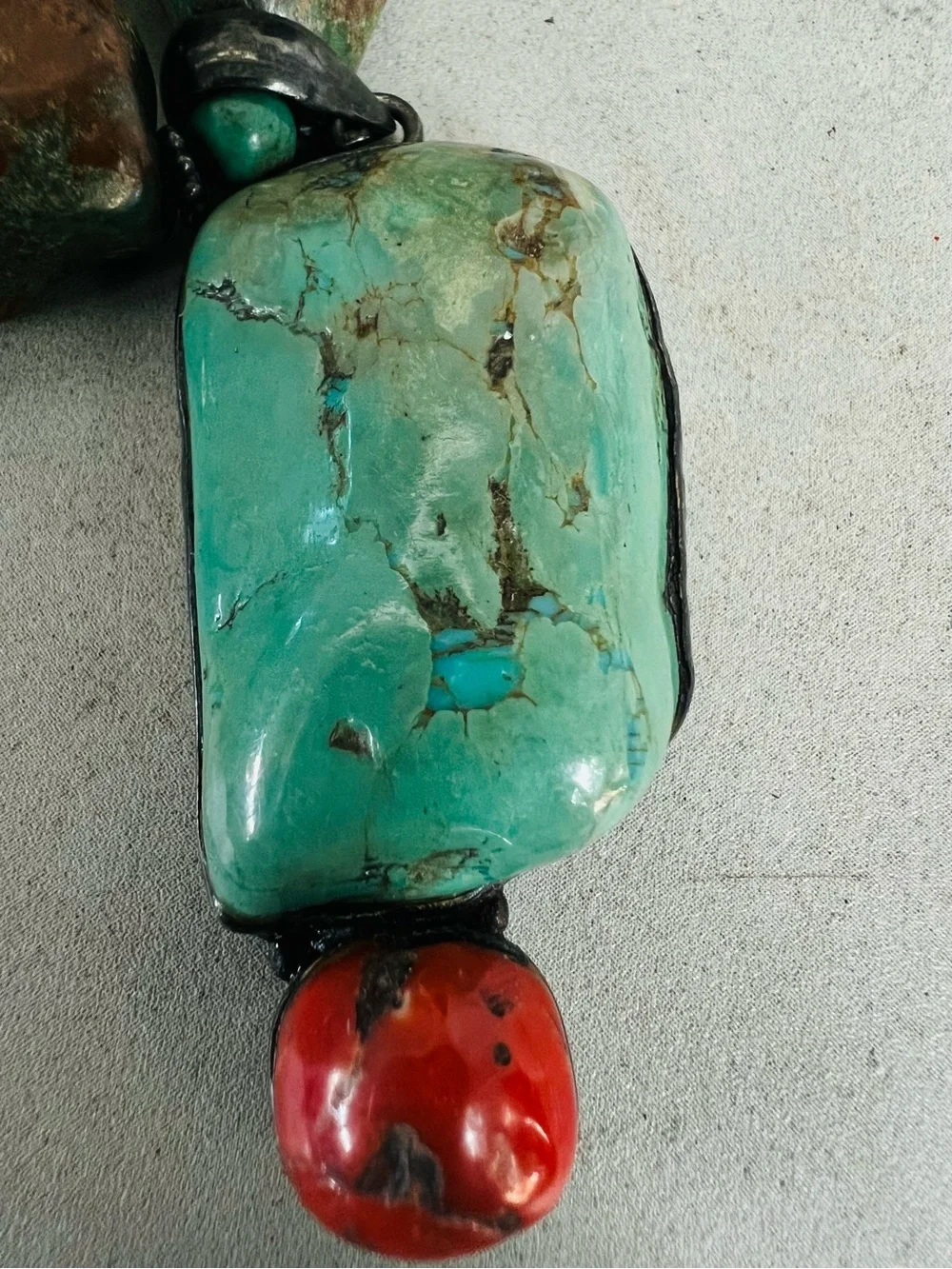 Paige Wallace for Marushka Sterling Coral Turquoise Pendant Necklace 19in